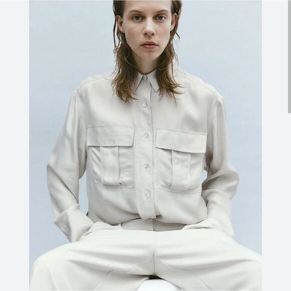 New H&M Pompette Gray Dusty Light Silk Blend Utility Shirt Size XL Oversized - Picture 1 of 14
